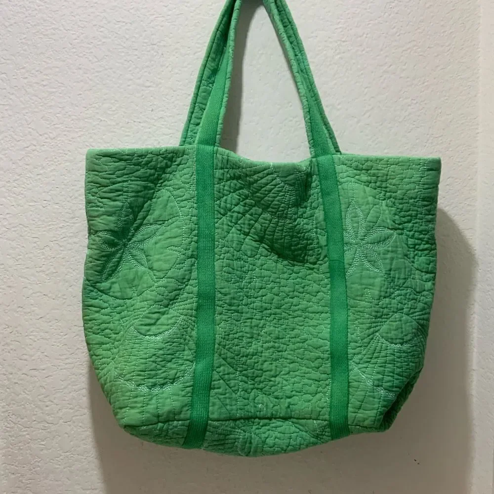 Large Quilted floral open tote bag green white stitches